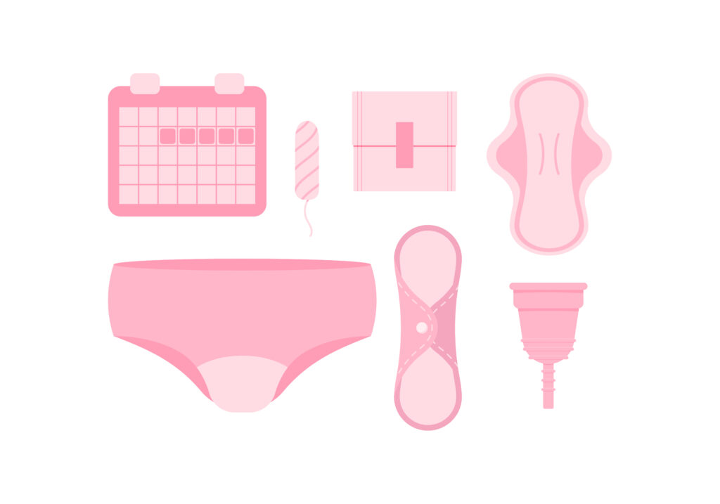 Period products - Pink drawings of sanitary pads, calendar, tampon, reusable pad, menstrual cup underpants