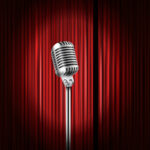 Stage curtains with shining microphone vector illustration. Standup comedy show concept