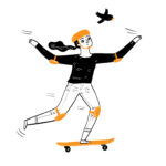 Vector illustration in doodle style - girl skateboarding with black bird above head- for Tackling Guilt for Taking Breaks During Revision blog