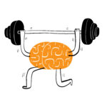 Vector illustration in doodle style - orange brain with legs and arms carrying a weight bar - for Tackling Guilt for Taking Breaks During Revision blog