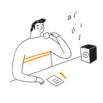 LLun vector steil dŵdl - bachgen yn eistedd ger bwrdd, papur a phensel o'i flaen, paned yn ei law ac yn gwrando ar gerddoriaeth - ar gyfer blog Taclo Euogrwydd Cael Brêc O’r Adolygu