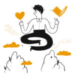 Vector illustration in doodle style - boy meditating in clouds with heart symbol in one hand and book in the other
