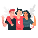 Delwedd cartŵn - tri ffrind gyda breichiau dros eu hysgwyddau yn hapus - ar gyfer blog lles meddwl