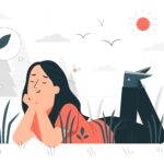 Delwedd cartŵn - merch ifanc yn gorwedd ar ei bol yn y gwair, ei gên yn ei dwylo yn gwenu a'i llygaid wedi cau - ar gyfer blog lles meddwl