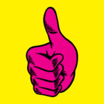 Magenta pink thumbs up sticker overlay on a yellow background vector
