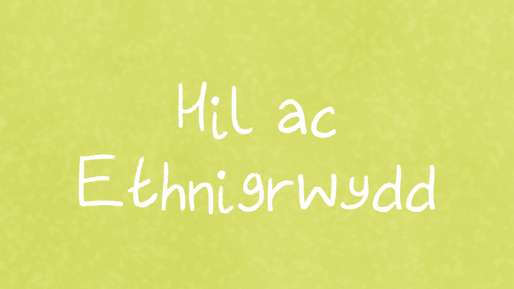 Botwm sgwâr gwyrdd gyda'r teitl 'hil ac ethnigrwydd' mewn gwyn