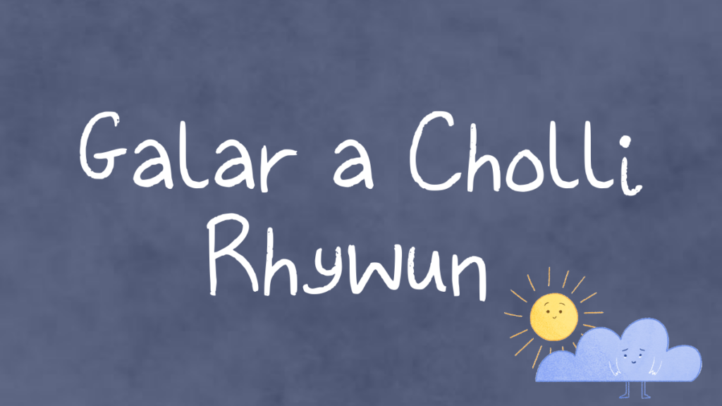 Botwm sgwâr llwyd gyda'r teitl 'galar a cholli rhywun' mewn gwyn gyda cartŵn o gwmwl glas gydag wyneb ansicr a haul melyn y tu ôl iddo'n gwenu.