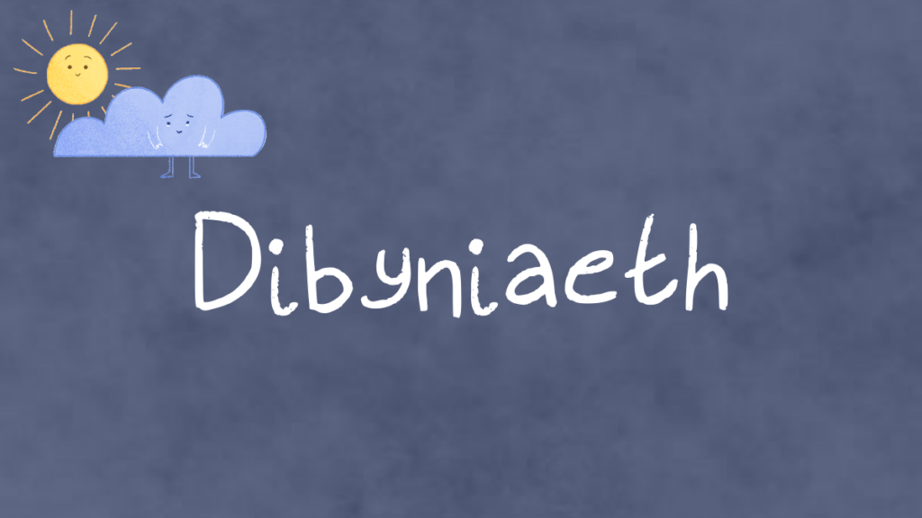 Botwm sgwâr llwyd gyda'r teitl 'dibyniaeth' mewn gwyn gyda cartŵn o gwmwl glas gydag wyneb ansicr a haul melyn y tu ôl iddo'n gwenu.