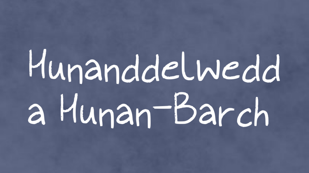 Botwm sgwâr llwyd gyda'r teitl 'hunanddelwedd a hunan-barch' mewn gwyn