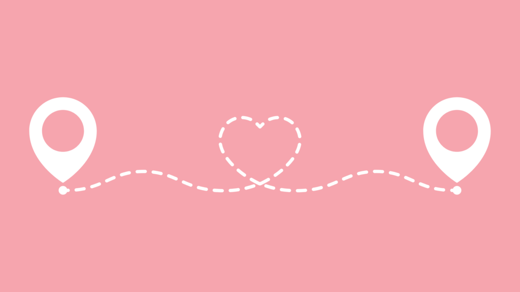 Pink background with two white location markers, joined in the middle with a love heart