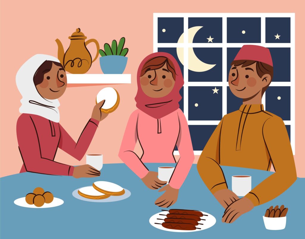 Tri ffrind yn bwyta gyda'i gilydd yn ystod Ramadan