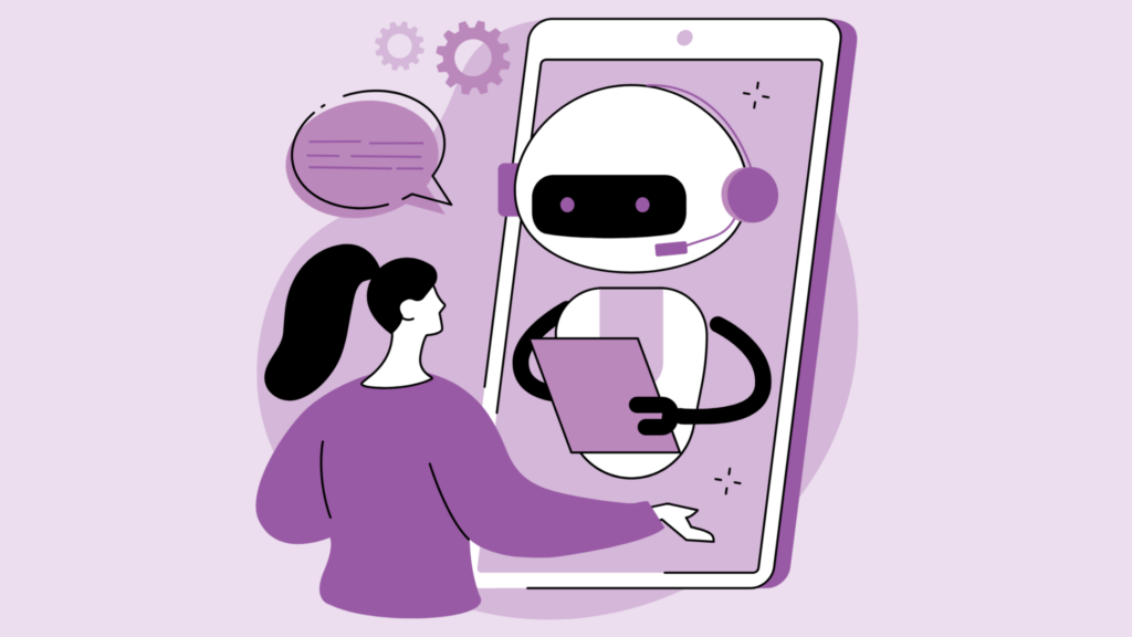 Darlun o ferch yn siarad gyda robot yn y sgrin