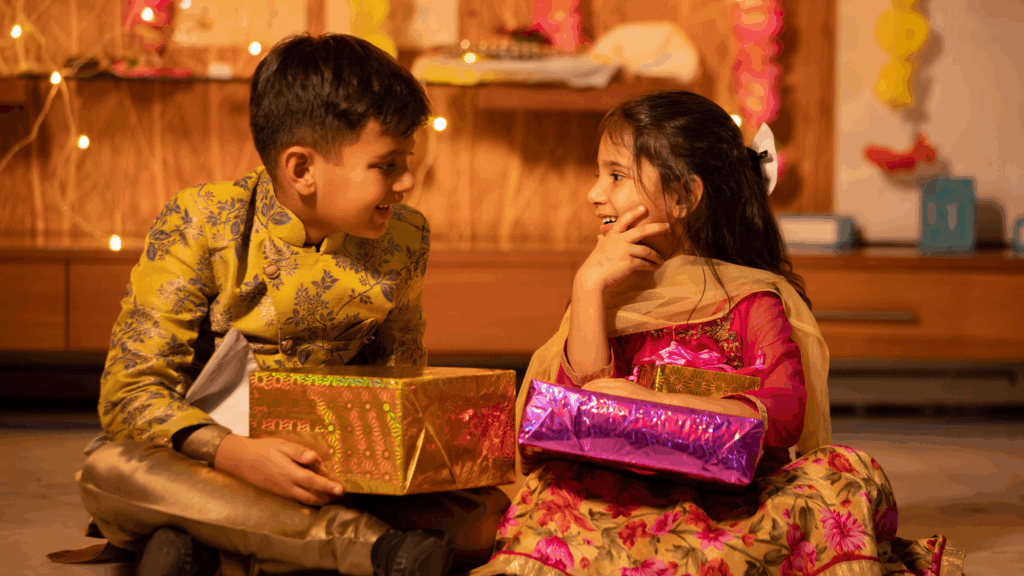 Two kids celebrating diawli and exchanging gifts