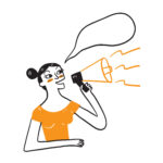 Funny young woman isolated people sincere emotions lifestyle concept. Screaming in megaphone, Hand drawn Vector Illustration doodle style