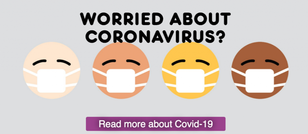 Logo for Covid-19 articles on Meic, smiley faces with face masks on.