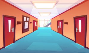 Empty school corridor cartoon for GCSE results article