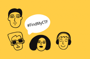 Image for Child Trust Fund article - 4 simply drawn faces with speech bubble with hashtag FindMyCTF -official image from HMRC