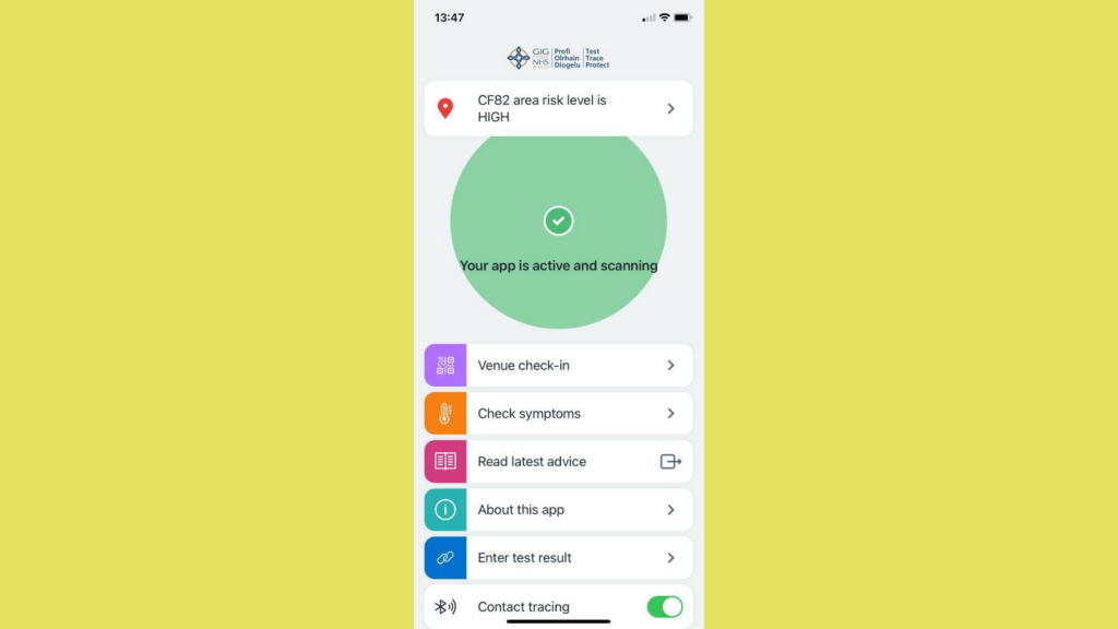 Screenshot of Covid-19 NHS app