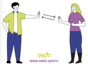 Cartoon woman and man wearing masks while high fiving from social distance for new Covid-19 rules article