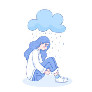 Girl sat on floor with rain cloud above head and sad face for Struggling To Make Friends article