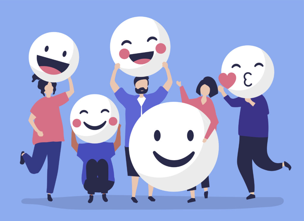 Characters of people holding positive emoticons illustration for microvolunteering article