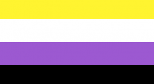 Non-binary yellow, white, purple and black striped flag