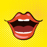 Open mouth pop art style on yellow background. Vector illustration.