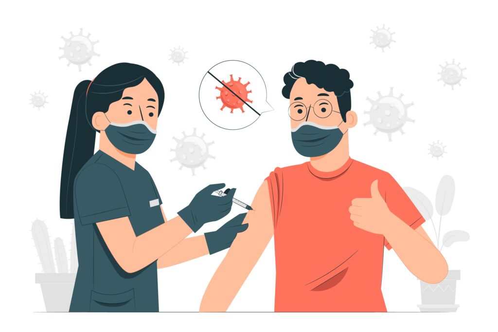 cartoon man getting vaccine from nurse both wearing masks