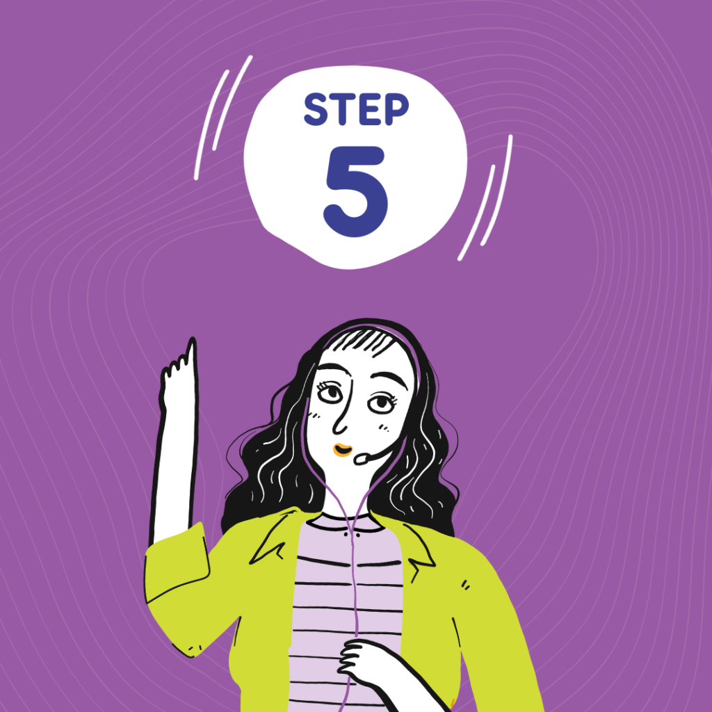 Cartoon image of female Meic adviser against a purple background with Step 5 written in a white circle above the head for being bullied article