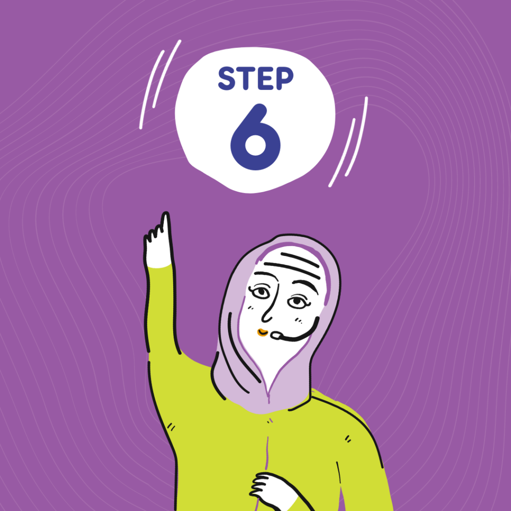 Cartoon image of female Meic adviser  wearing a hijab against a purple background with Step 6 written in a white circle above the head for being bullied article