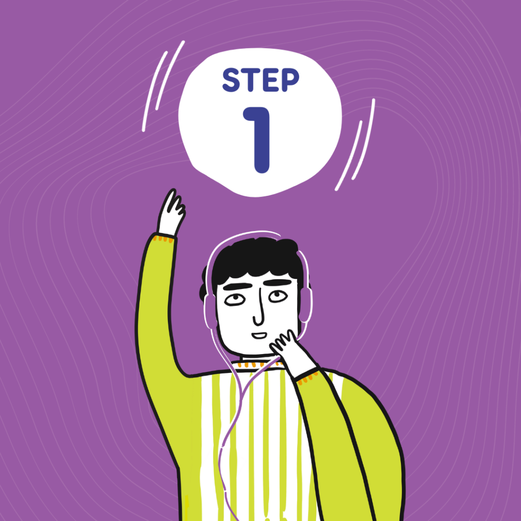 Cartoon image of male Meic adviser against a purple background with Step 1 written in a white circle above the head for being bullied article