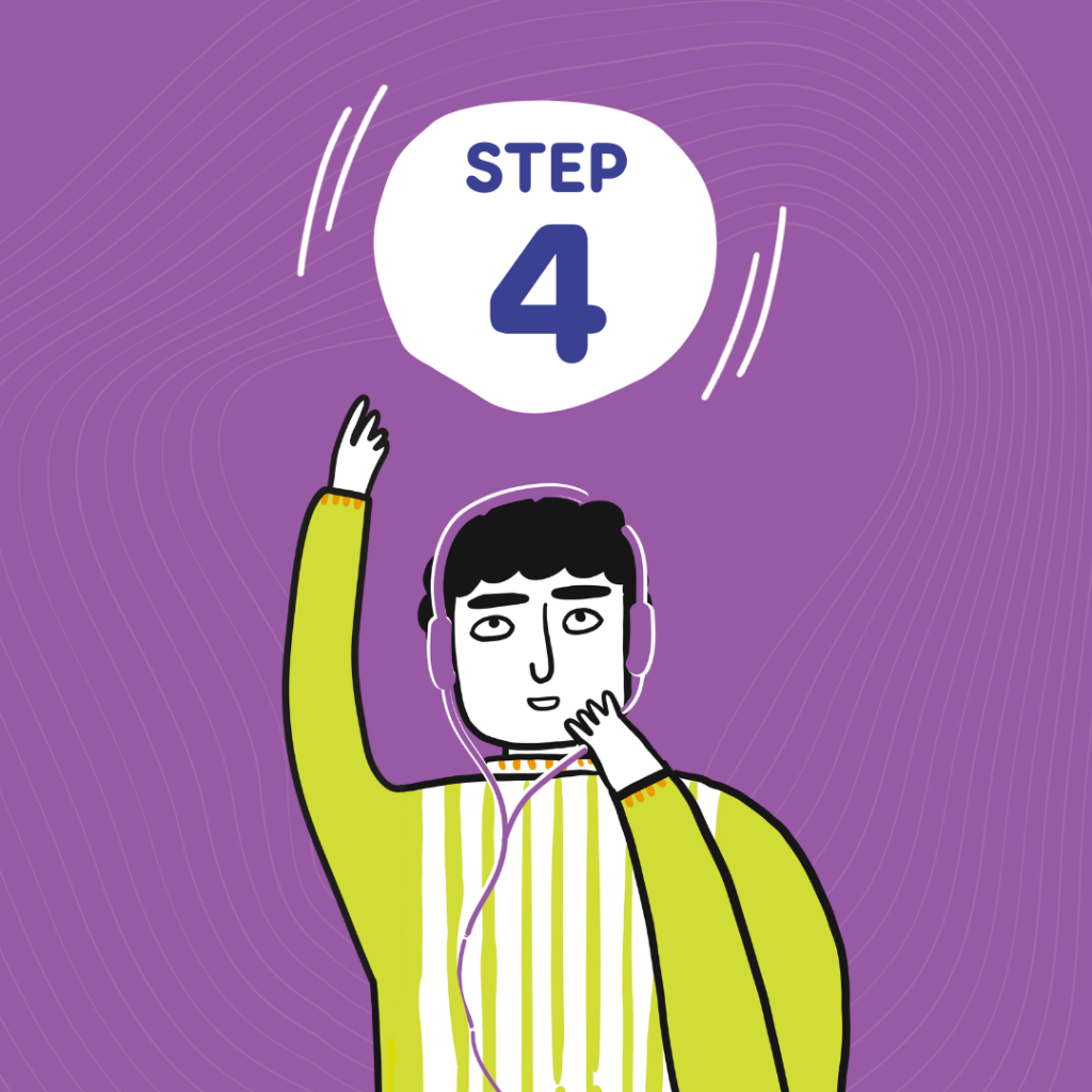 Cartoon image of male Meic adviser against a purple background with Step 4 written in a white circle above the head for being bullied article