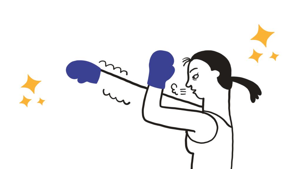 Cartoon girl with black hair in ponytail and white vest, wearing boxing gloves in a punching stance for Make Positive Changes article