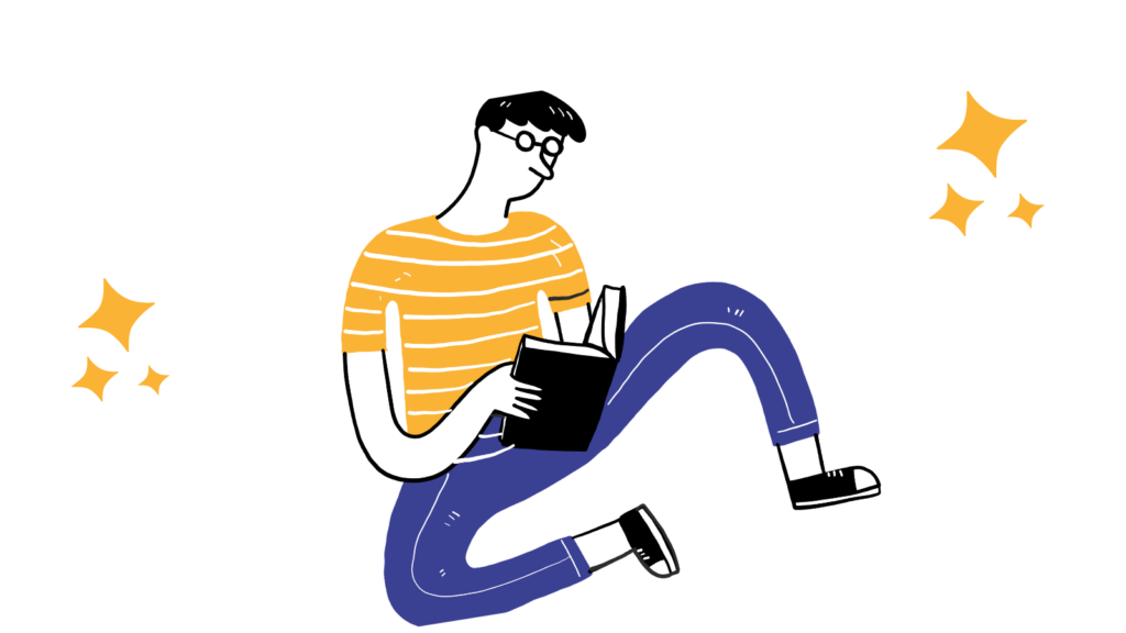 Cartoon person sat on floor with short black curly hair wearing a orange and white striped t-shirt and blue trousers. Holding an open book and reading for Make Positive Changes article