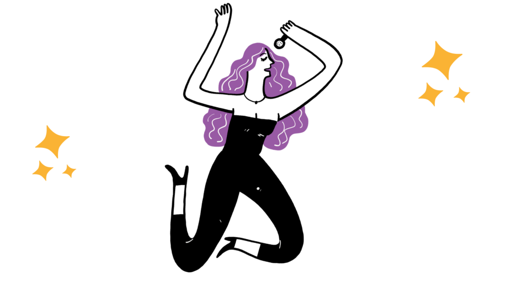 Cartoon girl with purple hair and black jumpsuit singing into mic for Make Positive Changes article