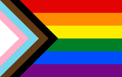 Progress Flag - red, orange, yellow, green, indigo and violet stripes; black, brown, light blue, pink and white chevron