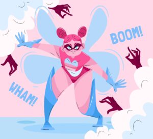 trans superhero - pink and blue cartoon image of woman with bun pigtails fighting off evil hands