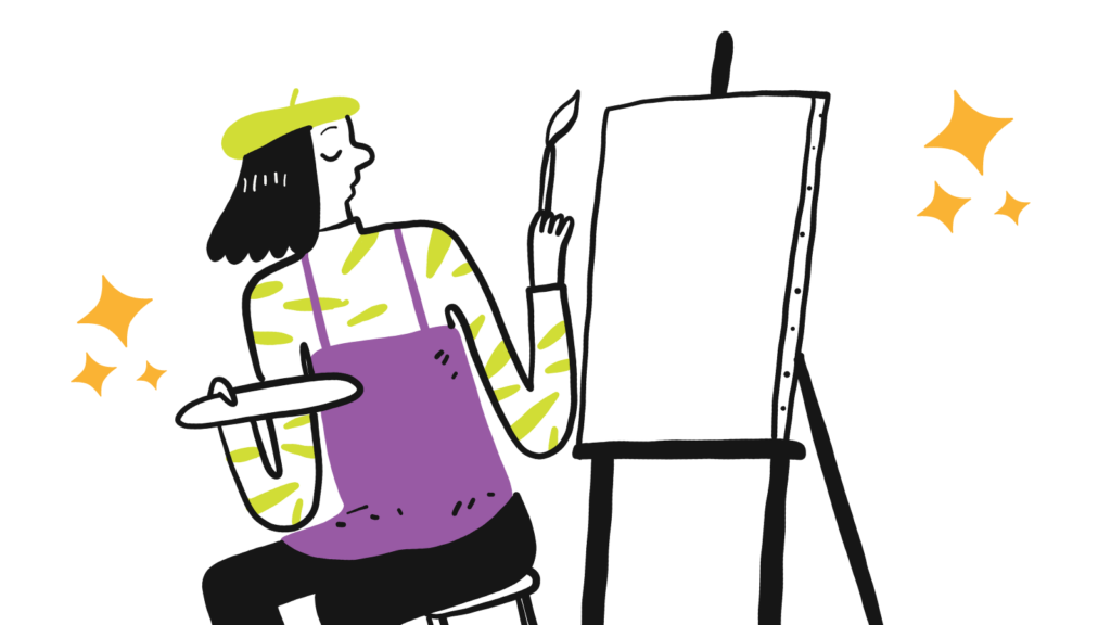 Cartoon person wearing beret with black trousers, white top with green pattern and purple apron sat in front of easel holding a brush ready to paint for Make Positive Changes article