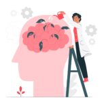 Cartoon image - person on top of stepladder with watering can watering a brain in a big head with leaves sprouting out of it - for mental wellbeing blog