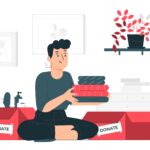 Cartoon image - young person sat on floor packing things into donation boxes - for mental wellbeing blog