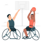 Cartoon image - two men in wheelchairs, one without legs under knees and one missing one leg under knee, playing basketball - for mental wellbeing blog