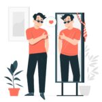 Cartoon young man wearing red t-shirt, black trousers and dark sunglasses looking at his body in the mirror, smiling, pointing at himself with heart emoji beside him.