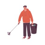 Person picking plastic litter with pliers tool. Janitor cleaning street from trash, garbage, collecting it in bucket. Eco volunteer, young man. Flat vector illustration isolated on white background.