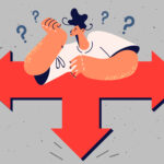 Pensive man thinking making decision about career change. Frustrated male feel confused stand on crossroad deciding which way to take. Vector illustration.