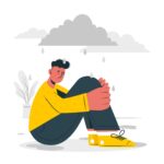 Boy hugging knee sat crying with rain cloud overhead. Vector illustration for eating disorder blog