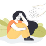 Human hand stretching to young unhappy girl sitting and hugging her knees. Flat vector illustration for eating disorder blog