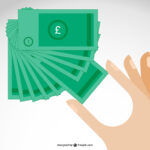 Illustration of fingers taking a note from a wad of notes with pound symbol on them.