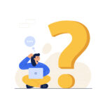 Illustration. Person sat on floor cross legged with laptop on knee and hand to head with puzzled expression. Large question mark on right hand side. For advice guest blog