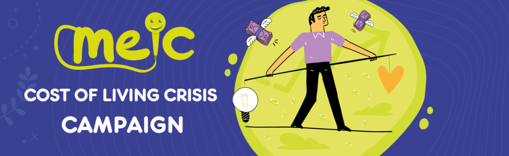 Meic Cost of Living Crisis banner - man walking a tightrope holding a vertical stick with a lightbulb one end and a heart on the other end. Wads of notes with wings flying around head.