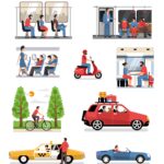 Transportation vehicles with passengers drivers cyclist flat compositions set with people in train bus aircraft car vector illustration